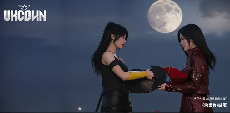 there are two people standing in front of a full moon, cassandra cain in satin, inspired by Yang J, noire moody scene, an edgy teen assassin, moons in background, cassandra cain, tifa lockheart, realistic scene, in game, holding a pair of fans. unreal 5, s...