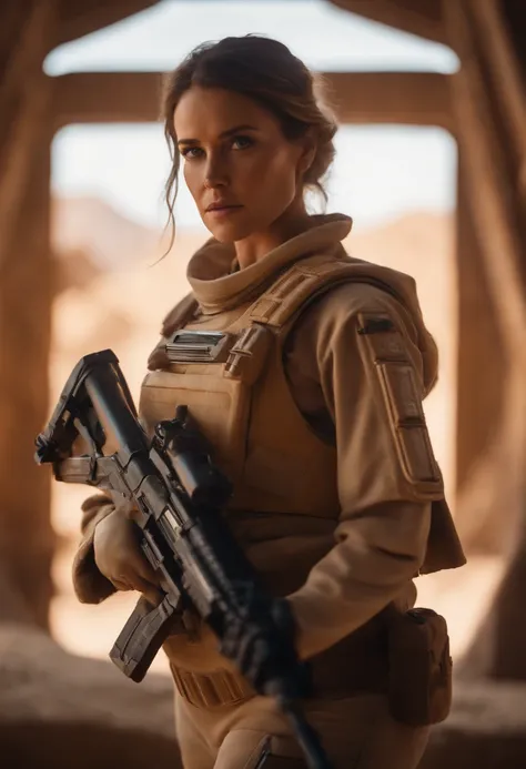 solo, solo focus, masterpiece close-up portrait of a woman wearing tactical gear in a tatooine building, light rays, caustics, mechanical parts, wiring, droid, metal jaw