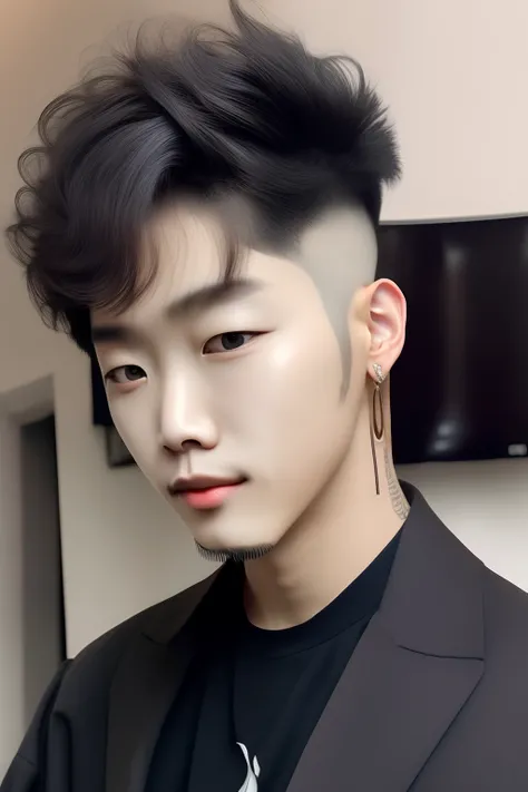 Yeonjun (integrante TXT) cabelo preto e tatuado realista