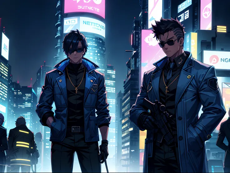 Detective, blue jacket, side swept hair, dark shades, cyberpunk city, night time, neon lights, hd, highres