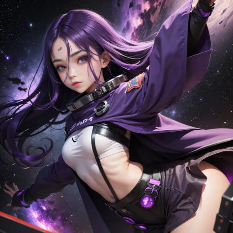 1girl, long midnight purple hair,space