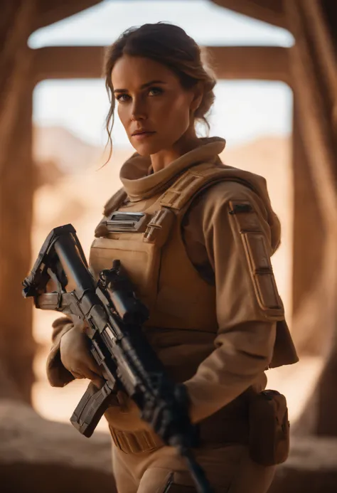 solo, solo focus, masterpiece close-up portrait of a woman wearing tactical gear in a tatooine building, light rays, caustics, mechanical parts, wiring, droid, metal jaw