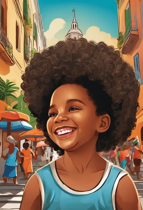 a boy with curly hair,enjoying samba music and dancing in the streets of Rio de Janeiro,colorful carnival costumes,energetic and vibrant atmosphere,bustling crowd and cheerful smiles,playing the tambourine and shaking maracas,traditional Brazilian street a...