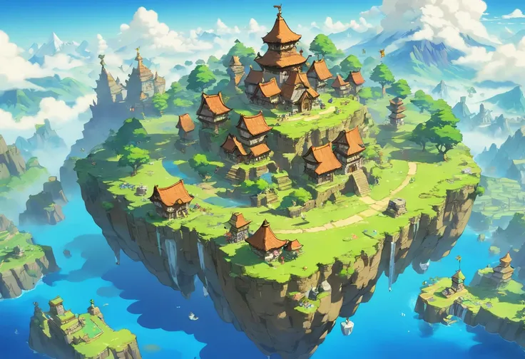 masterpiece, floating islands, Zeal city from Chrono Trigger, Pandora floating mountains, flying kingdom, fantasy rpg, fantasy floating mountains, birds-eye view, cities, castles, villages, temples, ruins