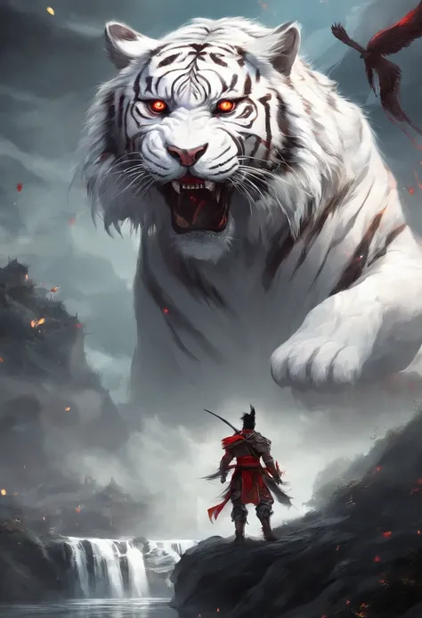 China-style，Chinese mythology，White Tiger，roar，ferocious，gigantic，Eyes glow red，glow effects，High hills，cloudy fog，the night，Medium View Scene，body complet, like a， highly detailed surreal vfx，oc render， - AR 16:9 --q 2 --s 1000