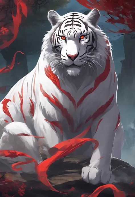 China-style，Chinese mythology，White Tiger，roar，ferocious，gigantic，Eyes glow red，glow effects，High hills，cloudy fog，the night，Medium View Scene，body complet, like a， highly detailed surreal vfx，oc render， - AR 16:9 --q 2 --s 1000