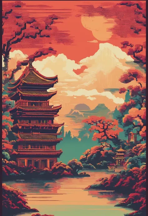 On the wall of the room there is a painting with a vase, oriental wallpaper, Detailed scenery —width 672, Zen temple background, inspired by Emperor Huizong of Song, background depicting a temple, interior background art, personal room background, palace b...