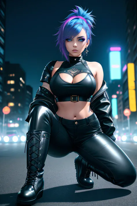 beautiful girl, full body, short bright blue dishevelled hair, black eyeshadow, (street style wear:1.2), ((tight fitted pants)), ((knee high leather boots)), (city night background:1.2), dark makeup, digital art, trending on artstation, highly detailed, fi...