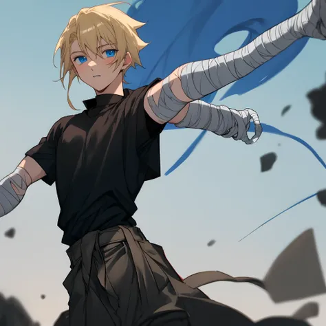 Anime blonde boy with blue eyes with bandaged arms at 20 years old wearing a baggy black shirt with a tight blue one underneath with a red dagger at his waist with his hair down to his shoulder