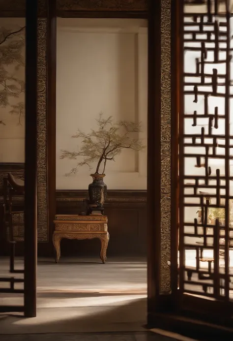 On the wall of the room there is a painting with a vase, oriental wallpaper, Detailed scenery —width 672, Zen temple background, inspired by Emperor Huizong of Song, background depicting a temple, interior background art, personal room background, palace b...