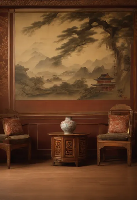 On the wall of the room there is a painting with a vase, oriental wallpaper, Detailed scenery —width 672, Zen temple background, inspired by Emperor Huizong of Song, background depicting a temple, interior background art, personal room background, palace b...