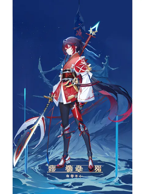 Anime characters with swords and swords in front of red background, Keqing from Genshin Impact, Katana Zero video game character, zhongli from genshin impact, Inspired by Cao Zhibai, Inspired by Bian Shoumin, heise jinyao, Anime figure, sengoku - era art s...