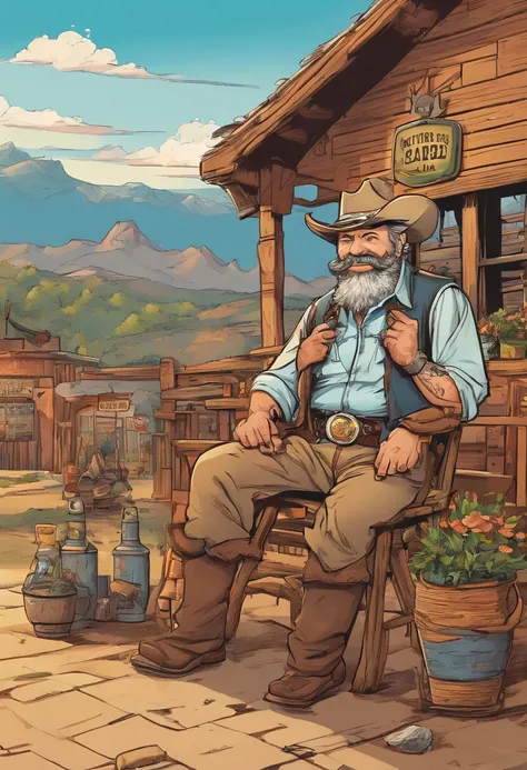 ultra detailed illustration caricature ,A 70-year-old fat cowboy sits in a rocking chair on the front porch of a saloon in Texas. He is smiling and wearing a leather hat, chaps, and boots. The cowboy wearing a bandana around his neck, He has a Winchester r...