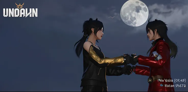 there are two people standing in front of a full moon, cassandra cain in satin, inspired by Yang J, noire moody scene, an edgy teen assassin, moons in background, cassandra cain, tifa lockheart, realistic scene, holding a pair of fans. unreal 5, in game, s...