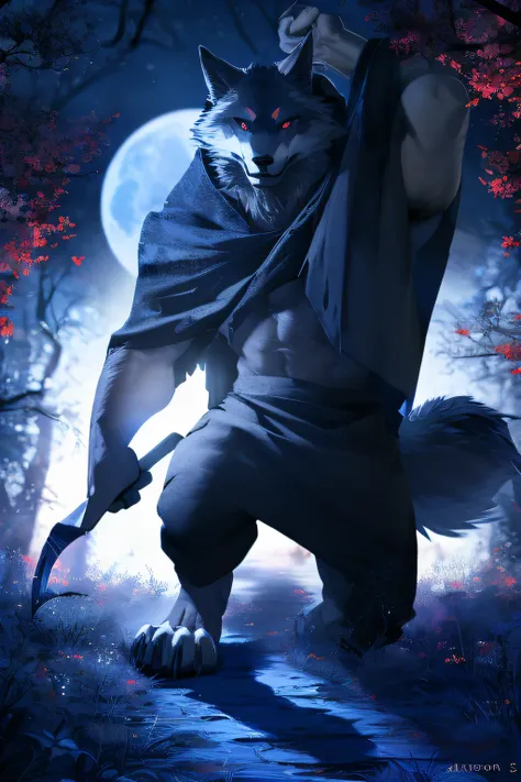 best quality, highres:1.2), realistic, detailed fur, intense eyes, strong and powerful silhouette, mysterious shadows, night scene, moonlight illuminating the forest, wolf, death character