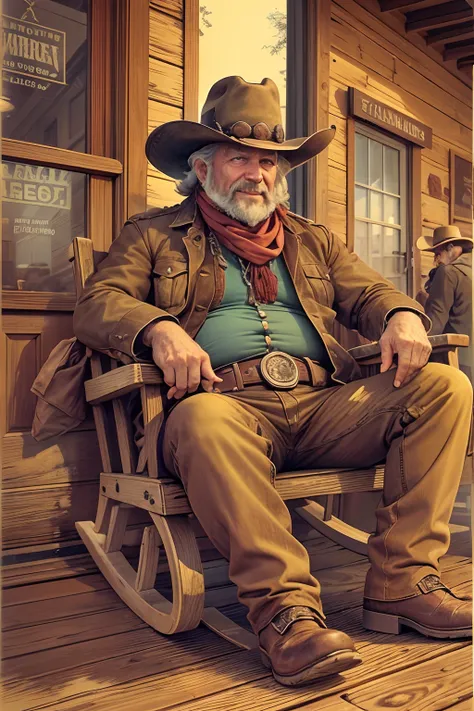 ultra detailed illustration  caricature ,A 70-year-old  fat cowboy sits in a rocking chair on the front porch of a saloon in Texas. He is smiling and wearing a leather hat, chaps, and boots. The cowboy  wearing a bandana around his neck, He has a Wincheste...