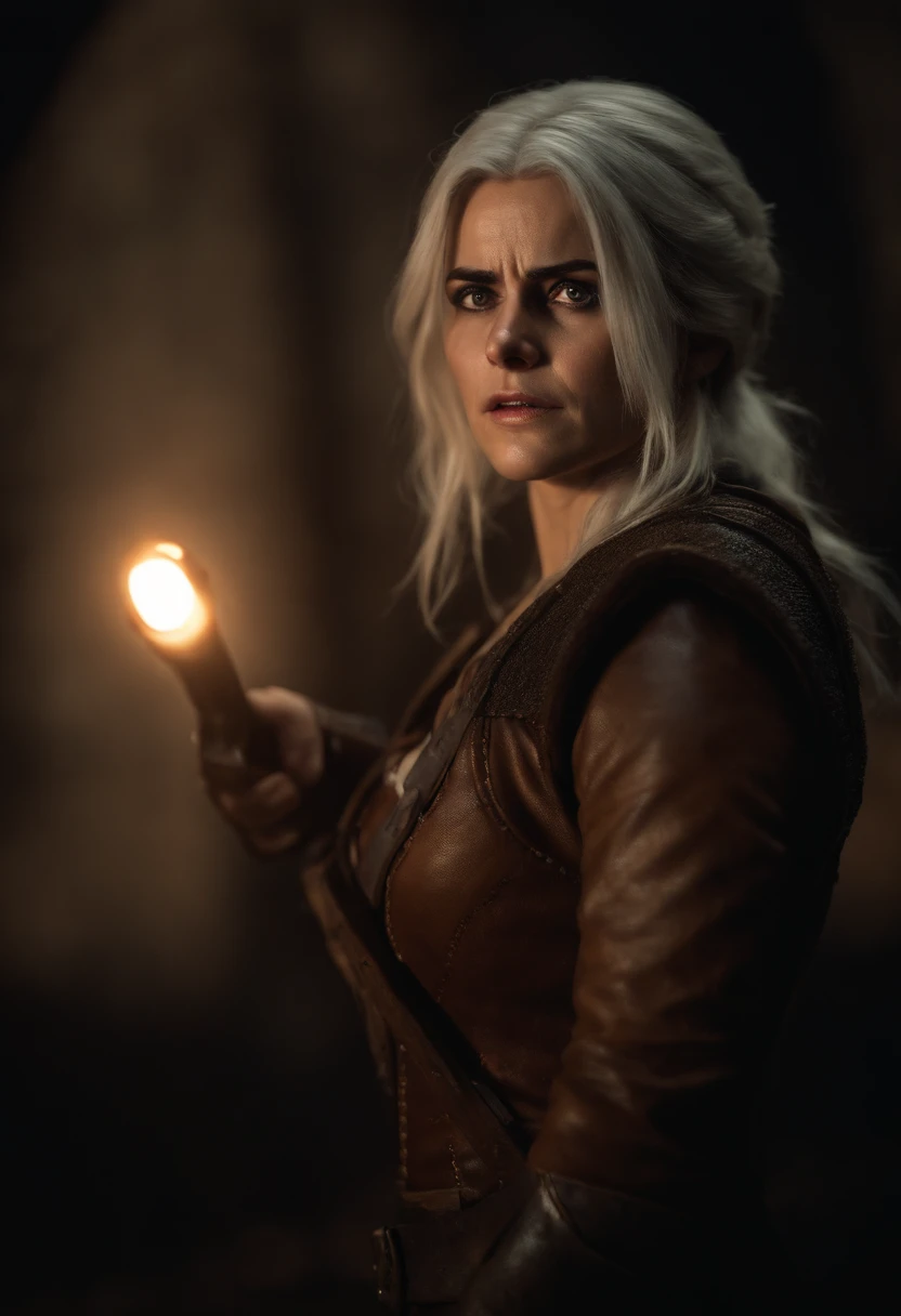 She At A Gun Point,Ciri From The Witcher III, (((pee stain))), brown leggings, worried, embarrassed, (standing)(((scared)))