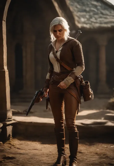 She At A Gun Point,Ciri From The Witcher III, (((pee stain))), brown leggings, worried, embarrassed, (standing)(((scared)))