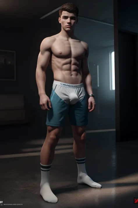 Teen male posing, 16yo, atmospheric, S.T.A.L.K.E.R style, 3d render, fog, chromatic aberration, sexy masculine square face, full body view, chainlet, tight boxers, white socks, focused on face, Detroit: Become Human, Marcus