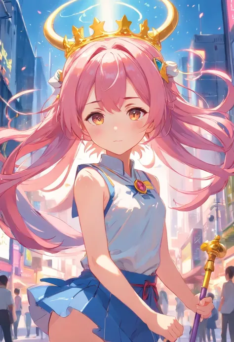 a petite girl, loli eyes, pink hair, two round horns and a yellow crown, two large round buns in the back, about 1 meter 4 tall, loli shape, holding a staff