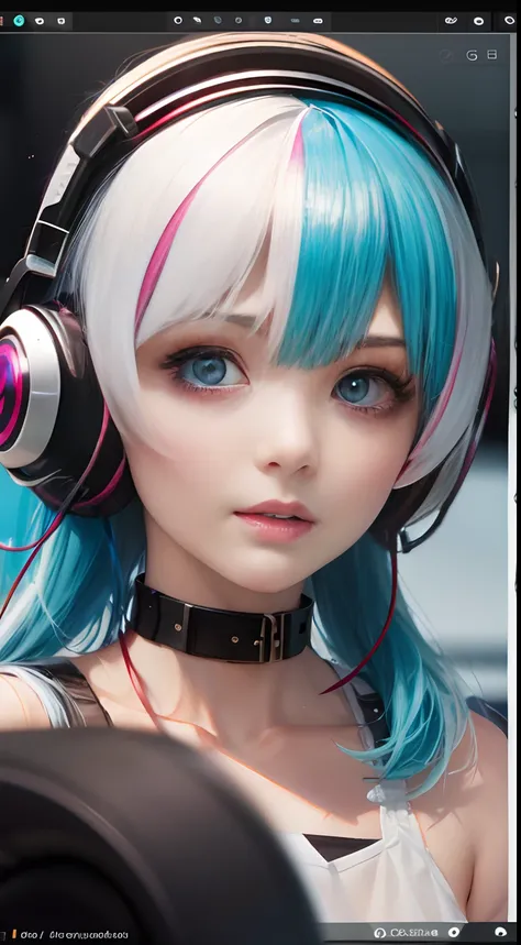 （（best qualtiy））， （（tmasterpiece））， （detail：1.4）， Beautiful Cyberpunk Woman Image，headphones、Heart-shaped choker、sixteen years old,　nffsw（HighDynamicRange），Ray traching，NVIDIA RTX，Hyper-Resolution，illusory 5，Sub-surface scattering，PBR Textures，post process...