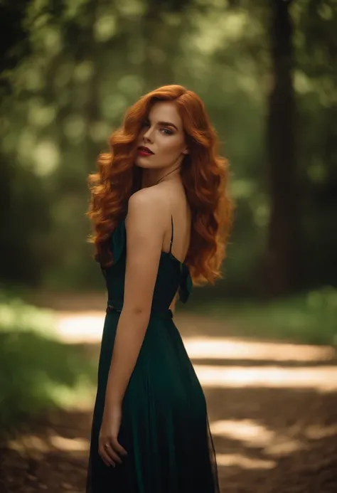 Modelo ruiva, 20 anos, cabelo comprido e ondulado, realista, vestido de verao