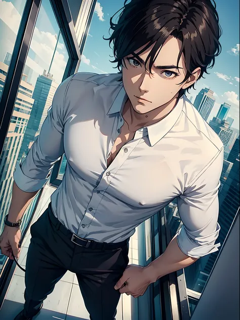 Anime Sexy man, dark hair, white office shirt, trousers, on the top of a skyscraper