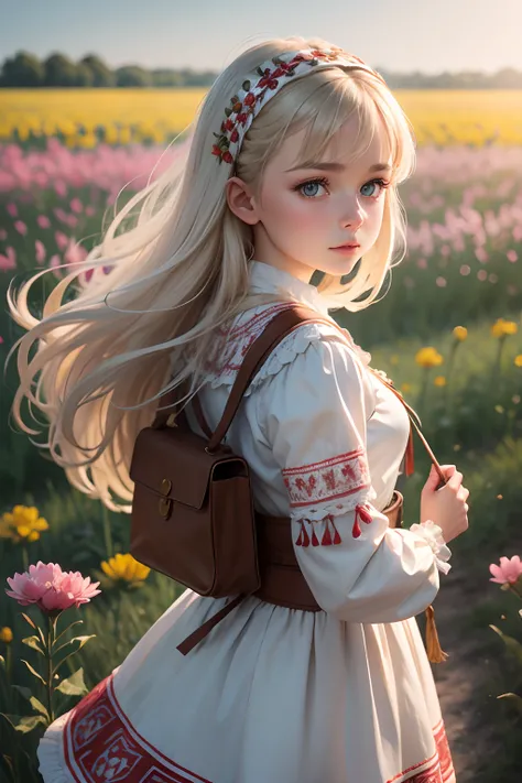 slavic girl in traditional clothing looking back on a field of flowers