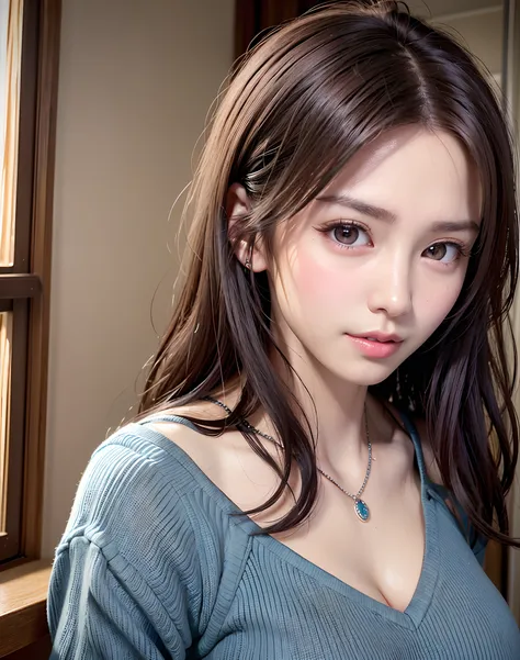 (in 8K, top-quality, ​masterpiece:1.2), (realisitic, Photorealsitic:1.37), ultra-detailliert, Natural sunlight, mideum breasts, I can see the cleavage, 1 persons, 25 year old woman, Dark hair, Pendants, Torn shorts, Light Knit V-Neck Shirt, At the time of ...