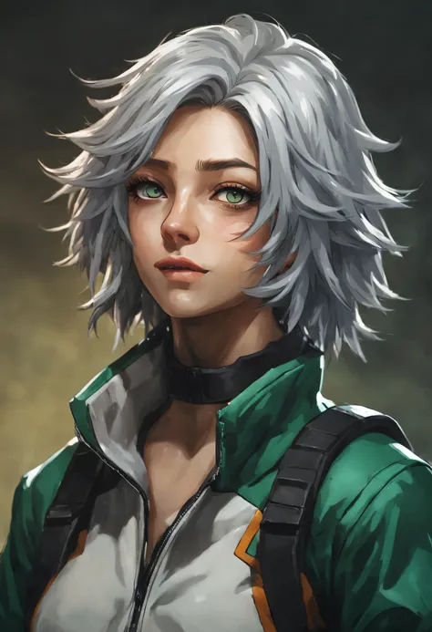 create a female character for the my hero academia universe, 25-30 years old, silver hair, eyes with heterochromia green and blu...