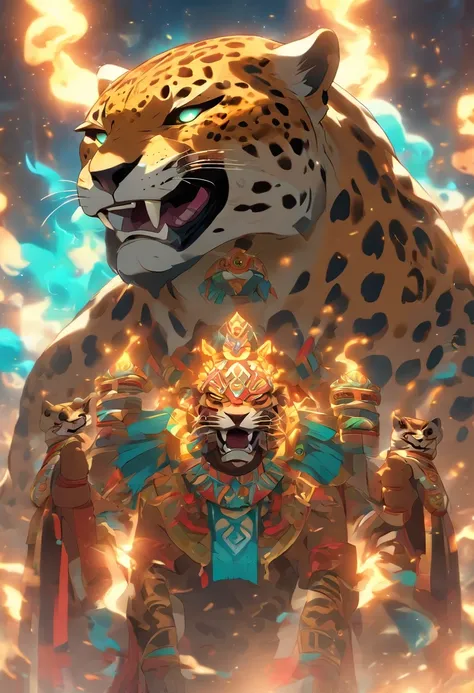 (((jaguar god)))best quality, ultra-high resolution, 4K detailed CG, master piece, Tezcatlipoca, Mayan God, jaguar, mirror necklace, Mayan clothes, chest mirror, Mayan mythology, desert, man, smoke ,((human body)) Mexico, aesthetics, Beautiful image, cente...