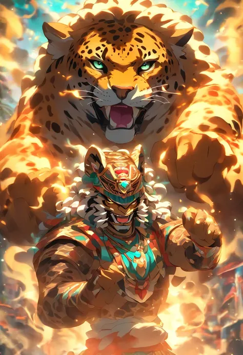 (((jaguar god)))best quality, ultra-high resolution, 4K detailed CG, master piece, Tezcatlipoca, Mayan God, jaguar, mirror necklace, Mayan clothes, chest mirror, Mayan mythology, desert, man, smoke ,((human body)) Mexico, aesthetics, Beautiful image, cente...