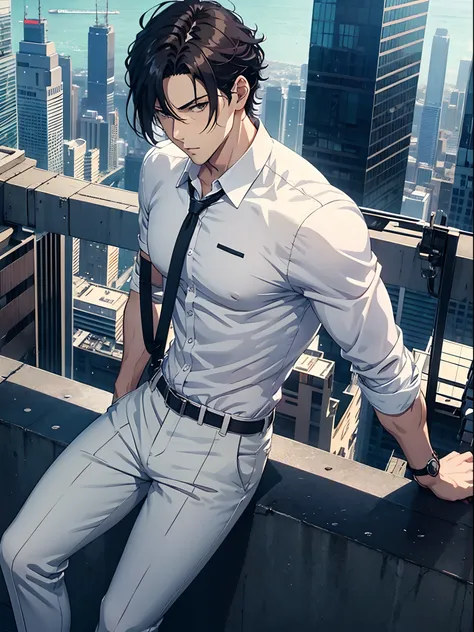 Anime Sexy man, a guy with dark hair, white office shirt, trousers, male harness, on the top of a skyscraper