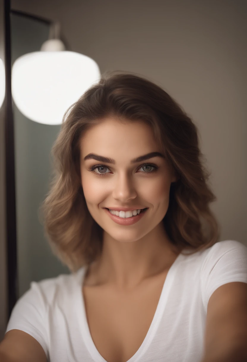 A Realistic Portrait, of a tall scandinavian girl with brown eyes and Dark Brown Hair style, 20 years old, Beautiful, detailed face, detailed eyes, (realistic skin:1.3), (pale skin:1.1), (textured skin:1.3), ((wearing white t shirt)), smile, ((mirror selfi...