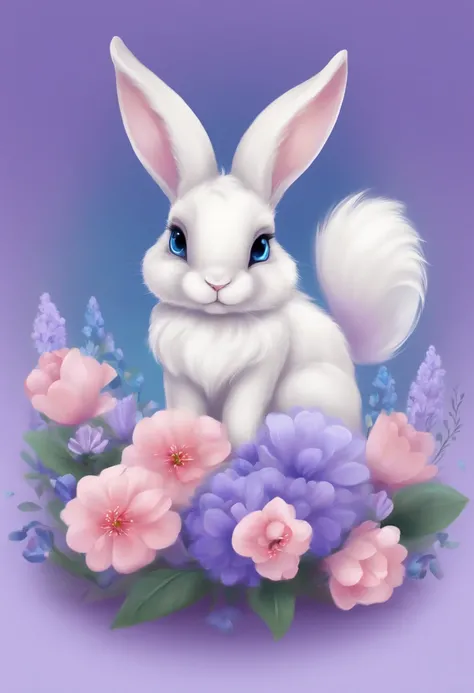 A cute bunny with, small ears, blue eyes, looking forward, purple background, flowers, vases, Caroline Chariot-Dayez pastels, tumblr, furry art, elokitty, Disneys Bambi, furry Disney style, floating ears, fluffy tail, fluffy , cute!!!, high resolution, fur...