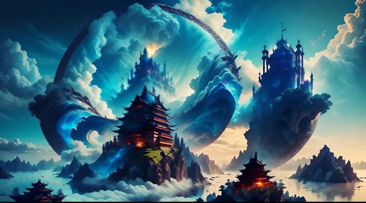 An immortal realm, a beautiful castle in the sky, a beautiful blue lake, people flying in the sky, flying swords, people dressed in battle robes, cloudy sky, floating castle in the middle of the clouds, chinese style castle