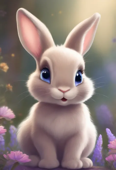 A cute bunny with, small ears, blue eyes, looking forward, purple background, flowers, vases, Caroline Chariot-Dayez pastels, tumblr, furry art, elokitty, Disneys Bambi, furry Disney style, floating ears, fluffy tail, fluffy , cute!!!, high resolution, fur...