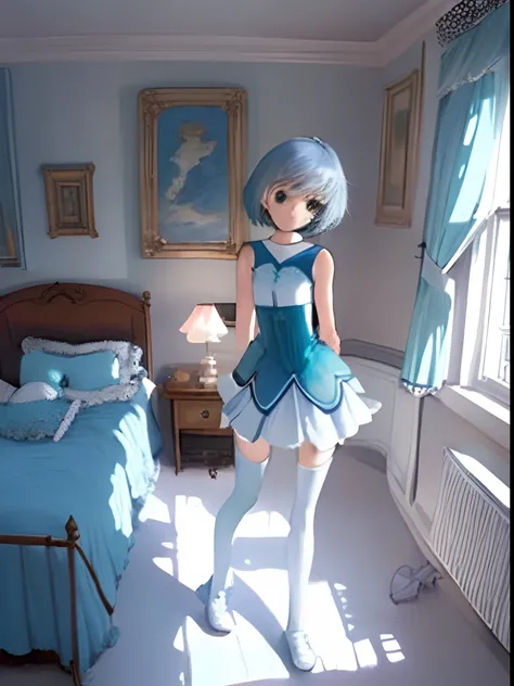 quadratic element，light blue short hair，teens girl，white stockings，Bedrooms