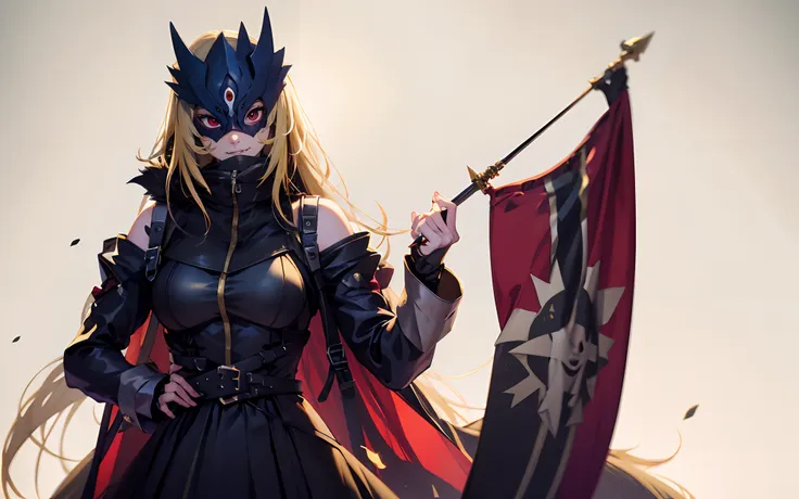 beelstarmon, (blonde hair, half mask, long hair:1.7), 1girl, breasts, hand_on_hip, black_dress, dress, bare_shoulders, solo, bangs, fur_trim, looking_at_viewer, holding, detached_sleeves, flag, fur_collar, grey_background, large_breasts, standing, long_sle...