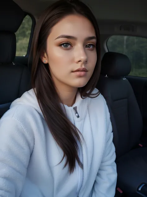 Girl in the car, Selfie in the car, handsome girl,brown eye, beautiful hair, super quality, 4k quality, white jacket