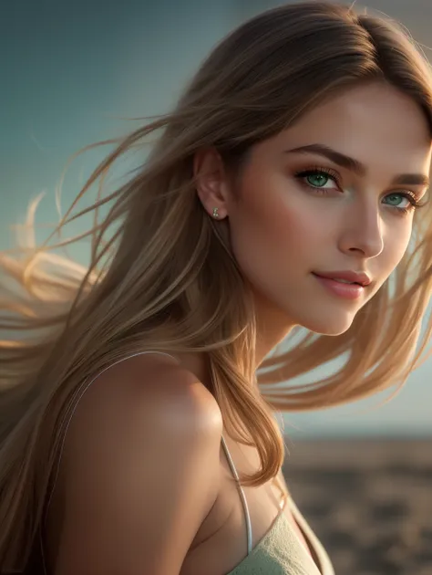 Cinematic soft lighting illuminates a stunningly detailed and ultra-realistic beautiful Greek supermodel, beach look, long messy windy dark blonde hair, clear green eyes, captivating perfect smile, sensual, hot woman, gorgeous, that is trending on ArtStati...