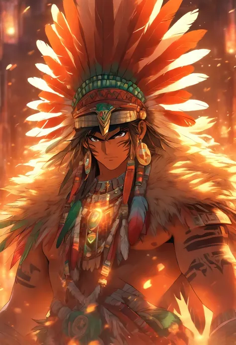 (((man Feather adornment)))best quality, ultra-high resolution, 4K detailed CG, master piece,Quetzalcoatl,Mayan God,man,feathers,Mayan clothing,Mayan city,Mayan mythology,desert,((feather adornment) feathers with scales)) Mexico, aesthetics, Beautiful imag...