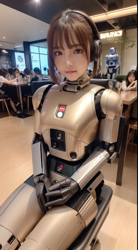 (top-quality、超A high resolution、8K、​masterpiece、realisitic、Photorealsitic)、(Humanoid Droid:1.4)、1 persons、Droid with beautiful female face、Sexy Droid、upper Shot、(Reading:1.3、Sitting on a chair)、looking in camera、(cafes:1.2)、Daytime、Natural lighting