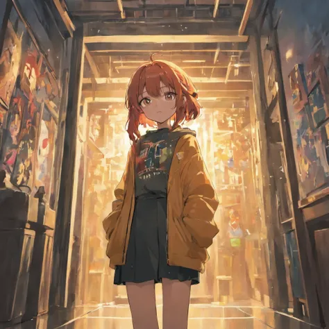 a girl standing in room, age 18, anime