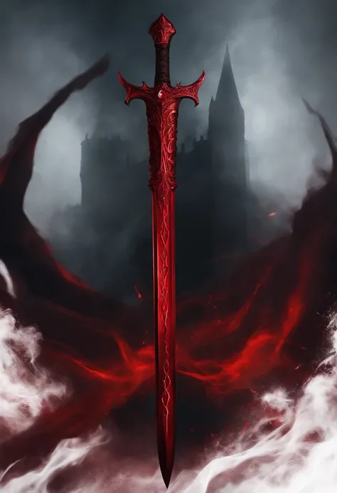 A red greatsword made with blood. The design is dark and made by the devil. The background is black. Around the sword, has a red smoke and aura.