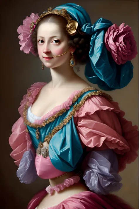 Woman with a blue hat and a pink and gold mask, uma pintura fotorrealista inspirada em Jean-Baptiste van Loo, rococo style portrait, pintura digital barroca, Robert Hubert •, Neo-Rococo expressionist style, rococo cyberpunk, rococo art style