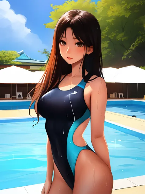 arafed asian woman in a swim suit standing in a pool, a picture by Jason Chan, tumblr, shin hanga, wet swimsuit, cute girl wearing tank suit, gorgeous chinese model, swimsuit, is wearing a swimsuit, beautiful south korean woman, beautiful asian girl, swims...