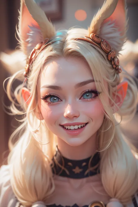 blonde hair, hair bobbles, wince, longeyelashes, solid circle eyes, fake animal ears, light smile, ear blush, fang, Surrealism, drop shadow, anaglyph, stereogram, tachi-e, pov, atmospheric perspective, 8k, super detail, ccurate, best quality