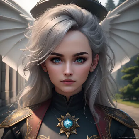 ultra realistic photography, perfectly centered whole of harpy, castle and pine tree in the background, looking at the viewer, flight pose, extremely detailed gray eyes, detailed symmetrical realistic face, extremely detailed natural texture, detailed peac...