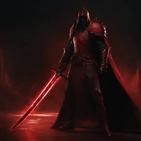 A red greatsword made with blood. The design is dark and made by the devil. The background is black. Around the sword, has a red aura.